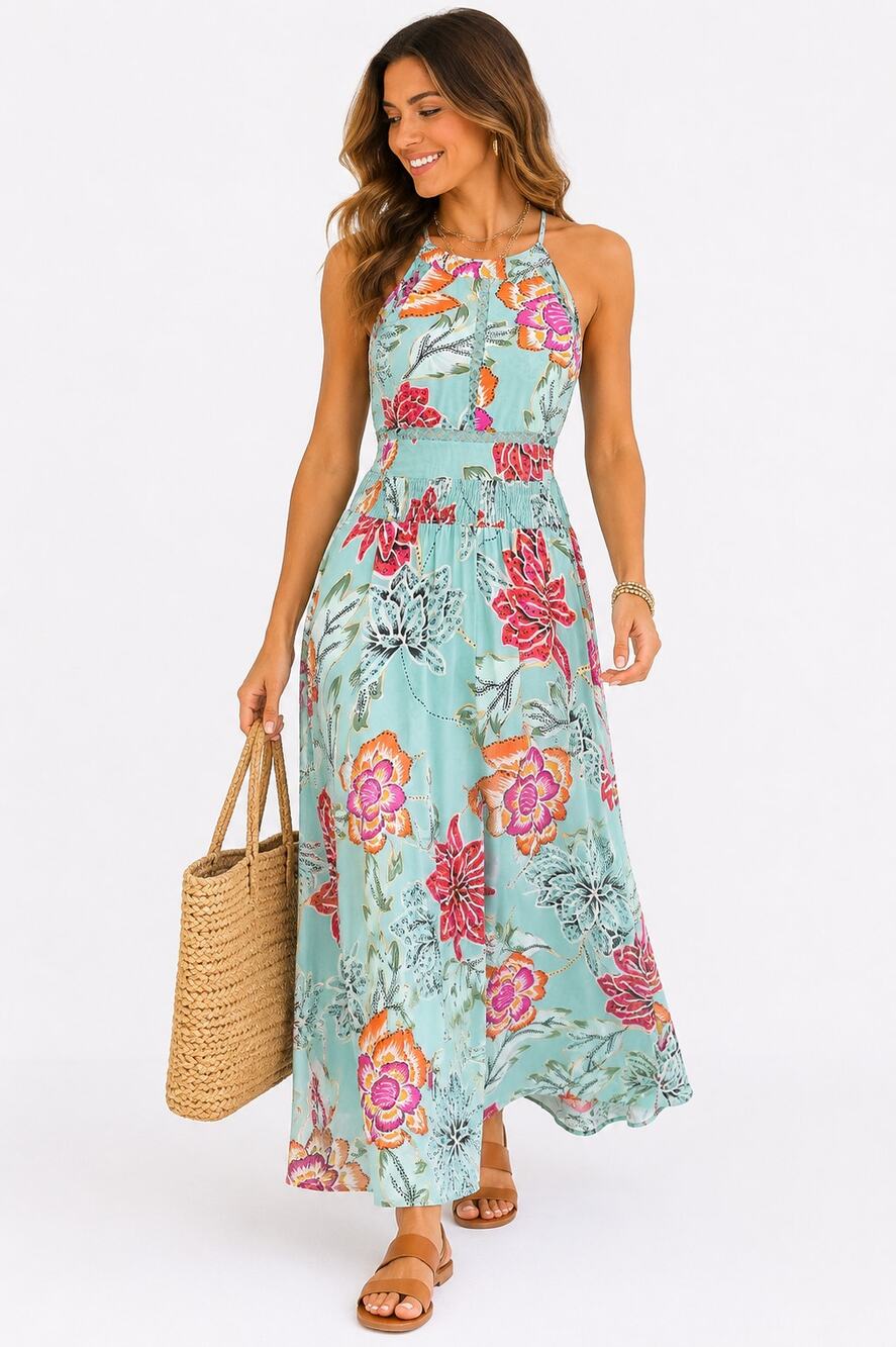 Jaase Blue Floral Halter Maxi Dress M Open Back Boho Wedding Guest Rayon
